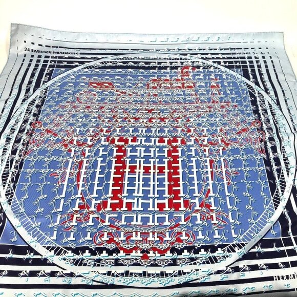 HERMES Carre90 24 FAUBOURG SECONDE Ginza Store 10th Anniversary Scarf silk blue - Picture 1 of 11
